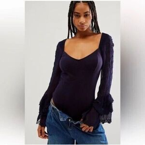 Free People Enchanted By You Bodysuit Womens Medium Navy Ruffle Sleeve V Neck